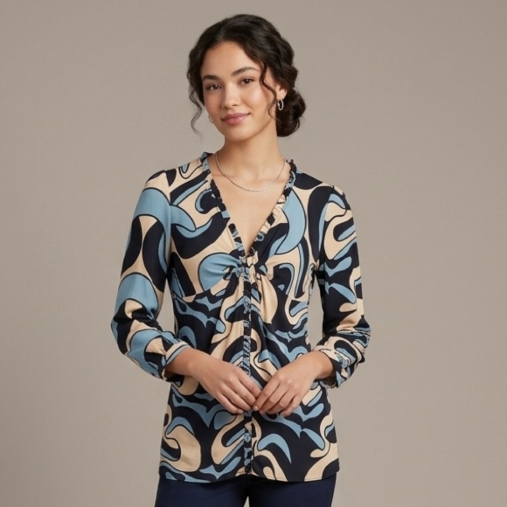 Diane Von Furstenberg Silk Blue and Beige Abstract Blouse Baby doll